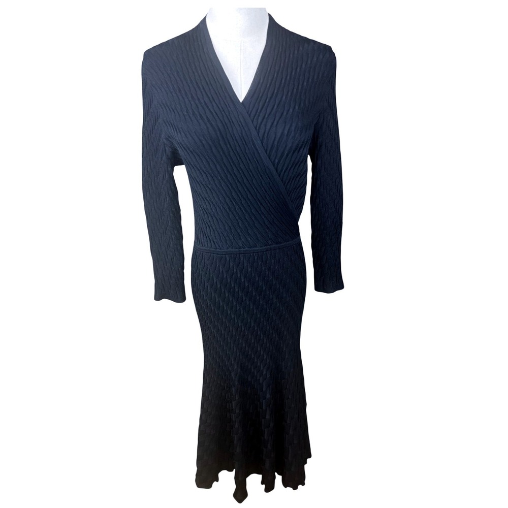 The Fold London Belluno‎ Regency Knit Midi Dress SZ 8 Black Textured Wrap V-Neck